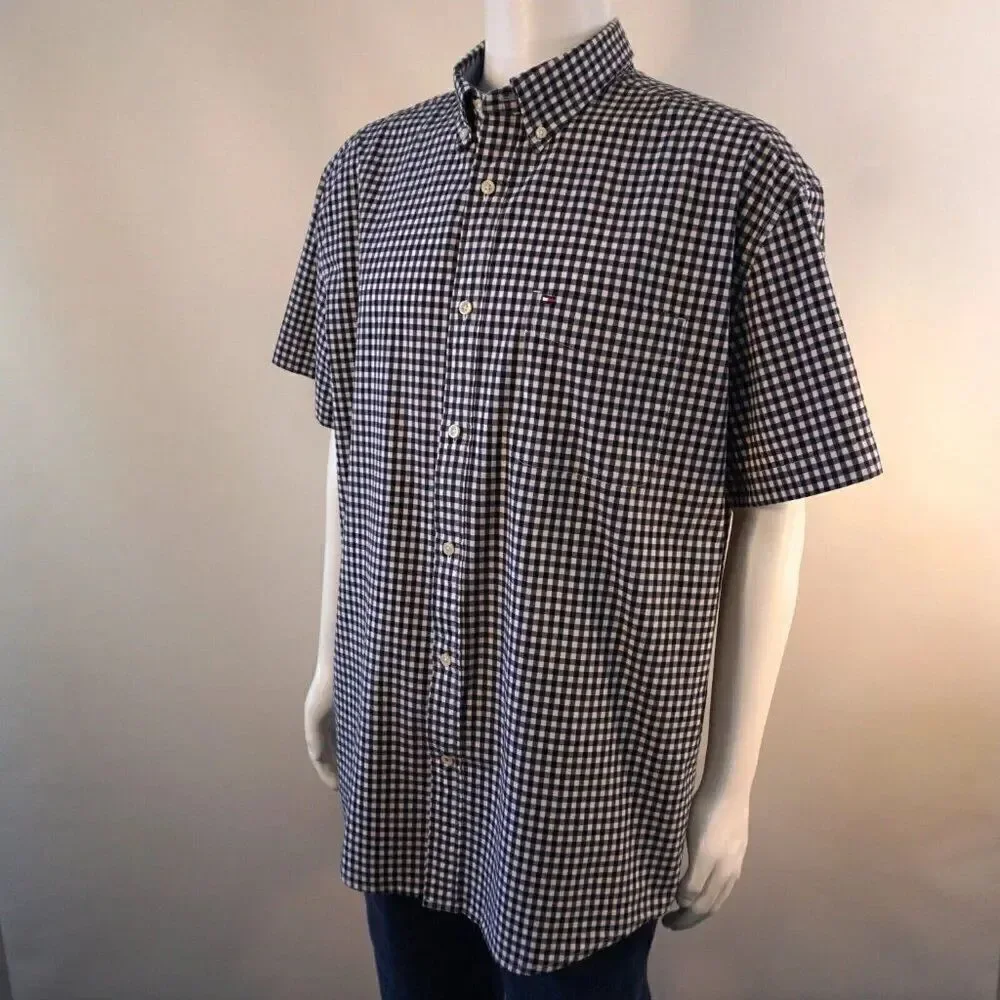 Tommy Hilfiger Mens XL Shirt Gingham Button Down Classic Fit Stretch Short Sleev